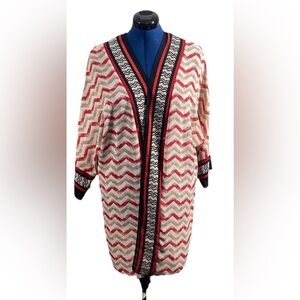 Chicos Womens Sz 1/S Open Front Kimono/Wrap Red Tan Lagenlook Art To Wear Tribal